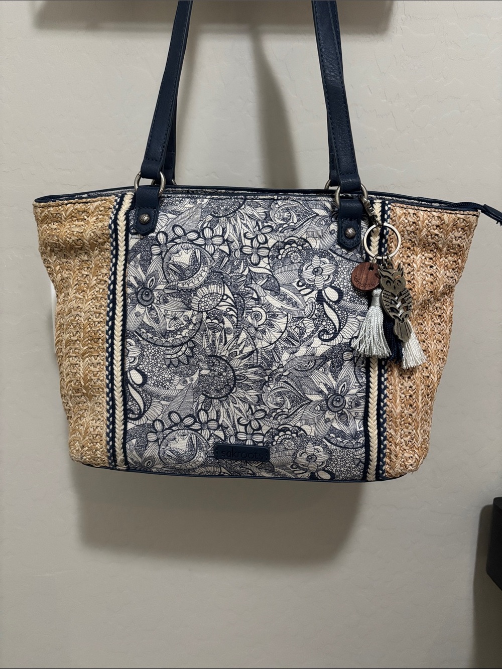 Sakroots Navy Floral & Natural Straw Tote with Tassel Charm